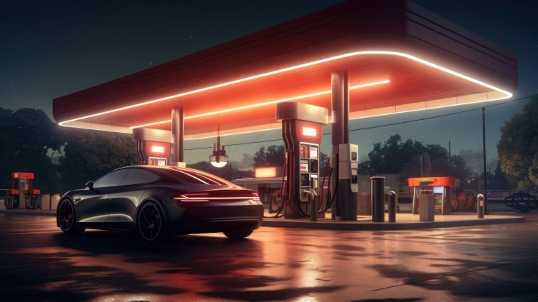 An electric car docked at a charging station.